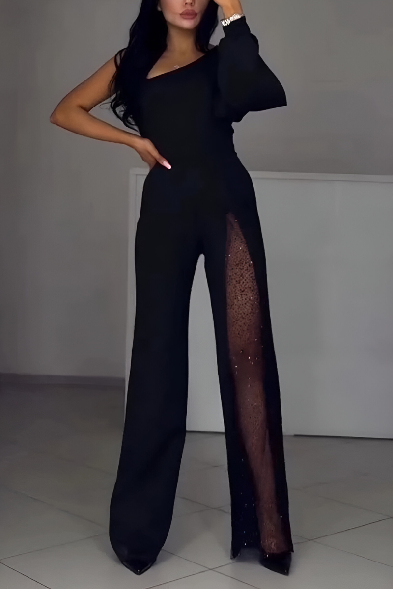 Wide Leg Mesh Panel Jumpsuit