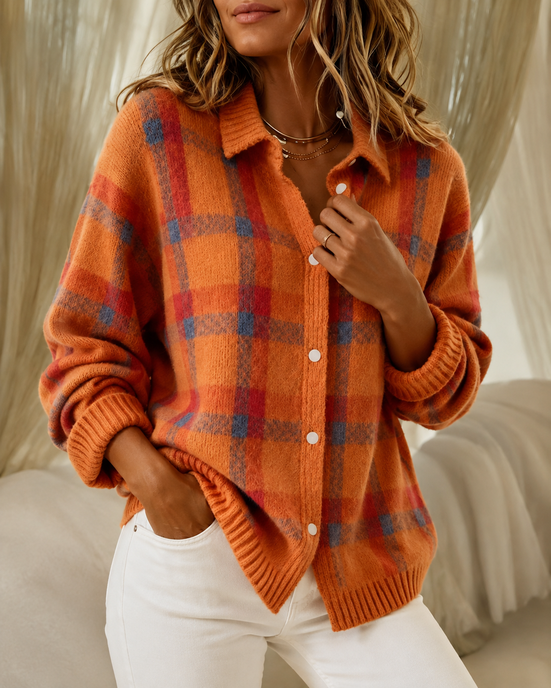 Checked Knit Cardigan