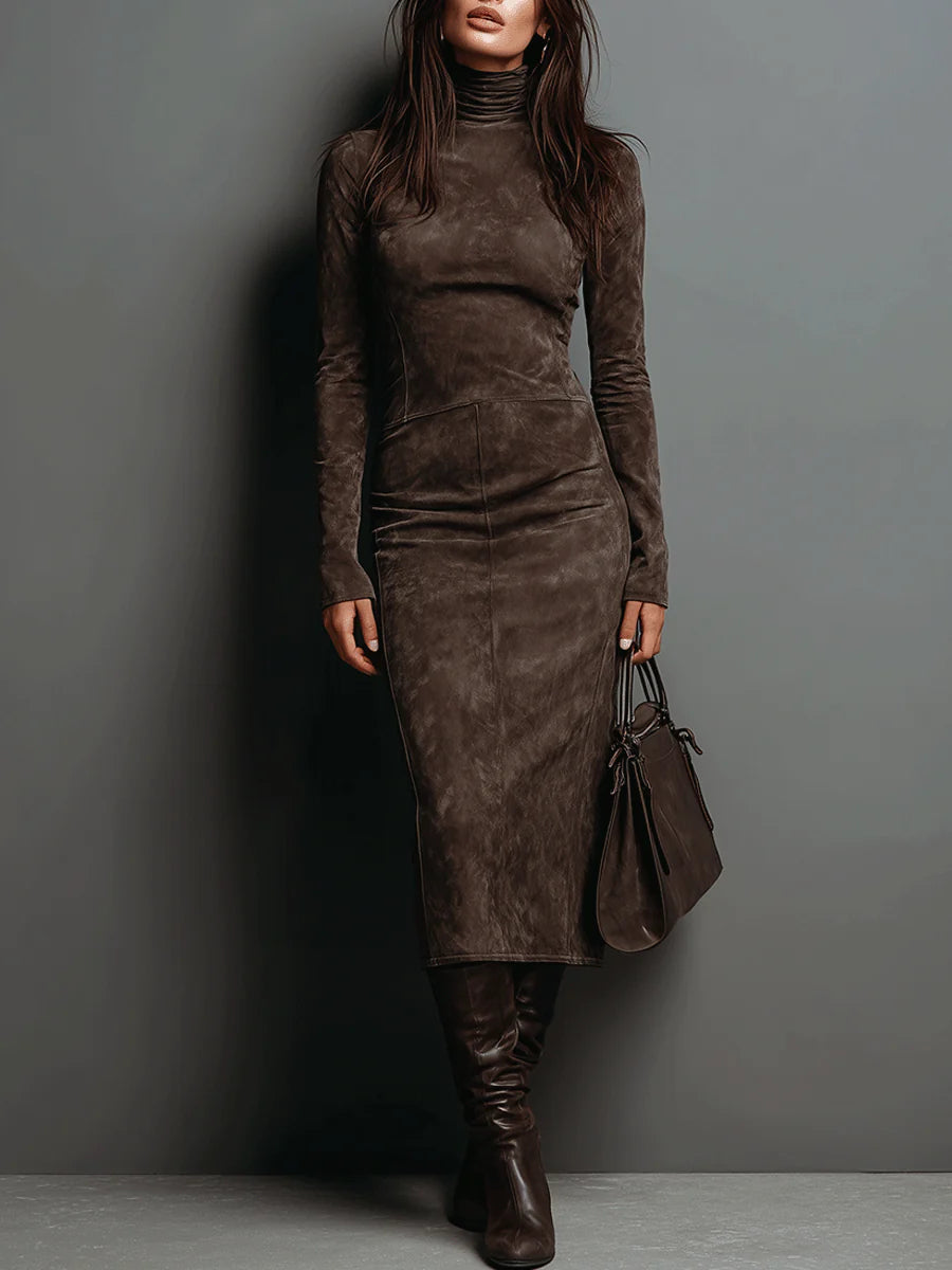 Mock Neck Fitted Knit Midi Dress