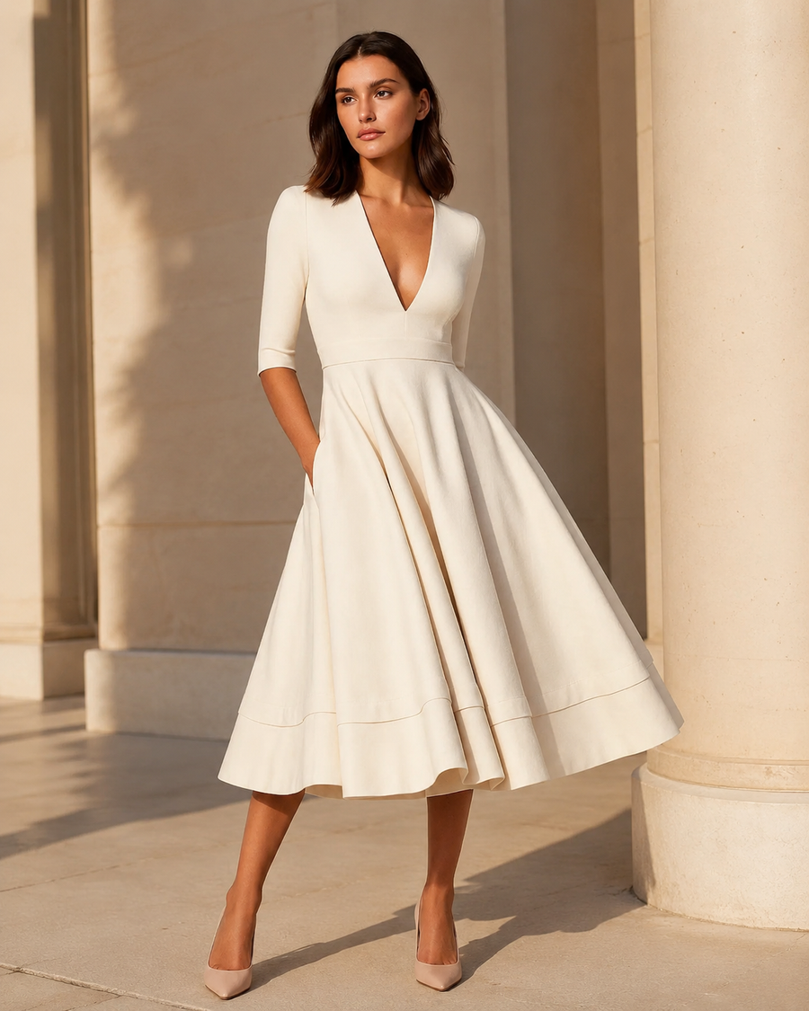 Three-Quarter Sleeve V-Neck Midi Dress