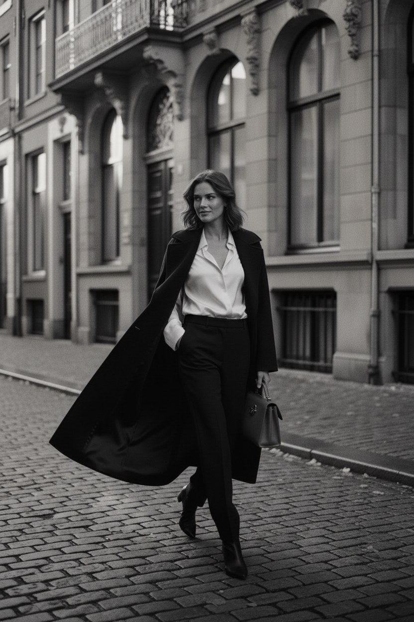 Model in an Edaliya longline coat walking a city street, black and white