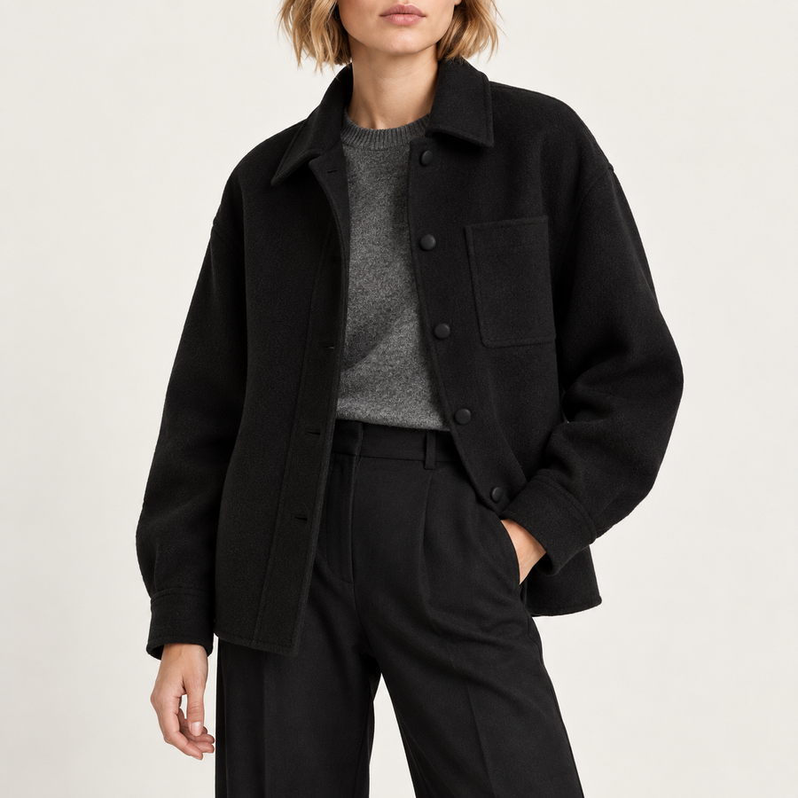 Model wearing the wool-blend shacket in black