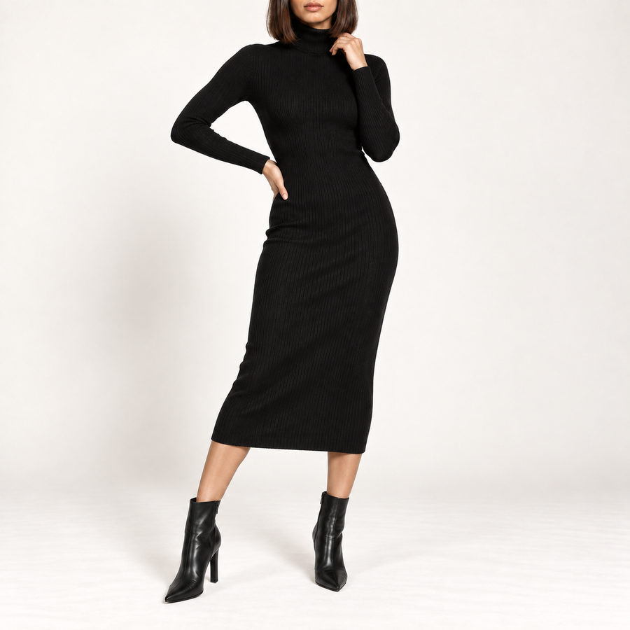 Model wearing the ribbed roll-neck midi dress in black