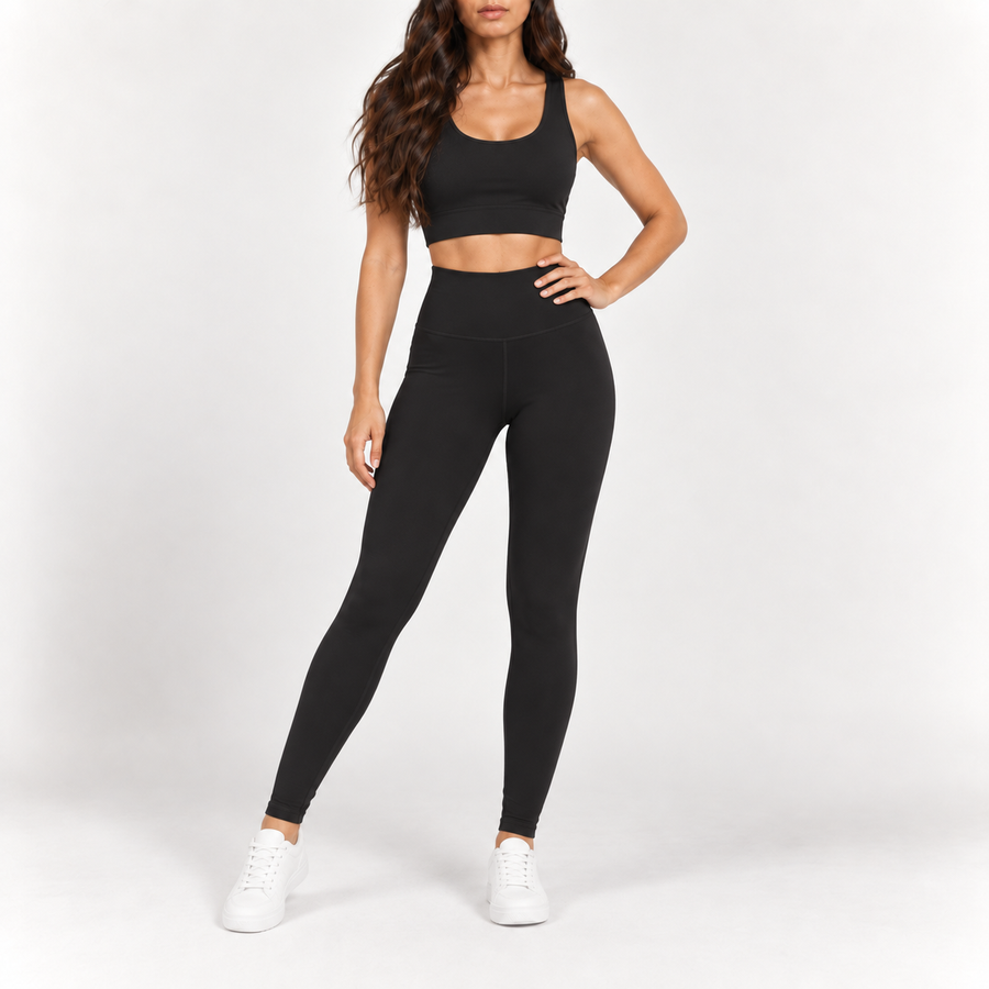 Model wearing the high-waist leggings in black