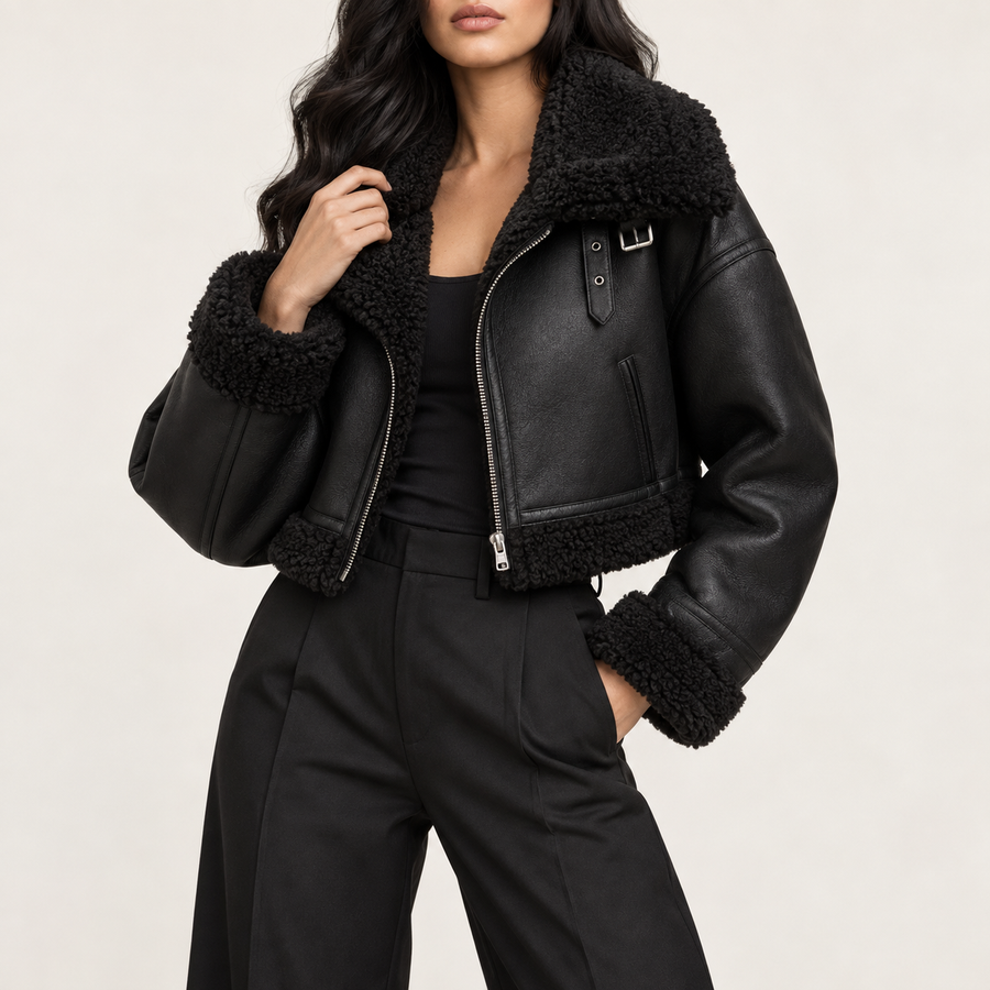 Model wearing the faux-shearling aviator jacket in black