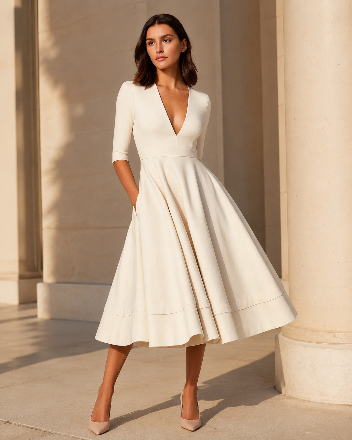 Three-Quarter Sleeve V-Neck Midi Dress