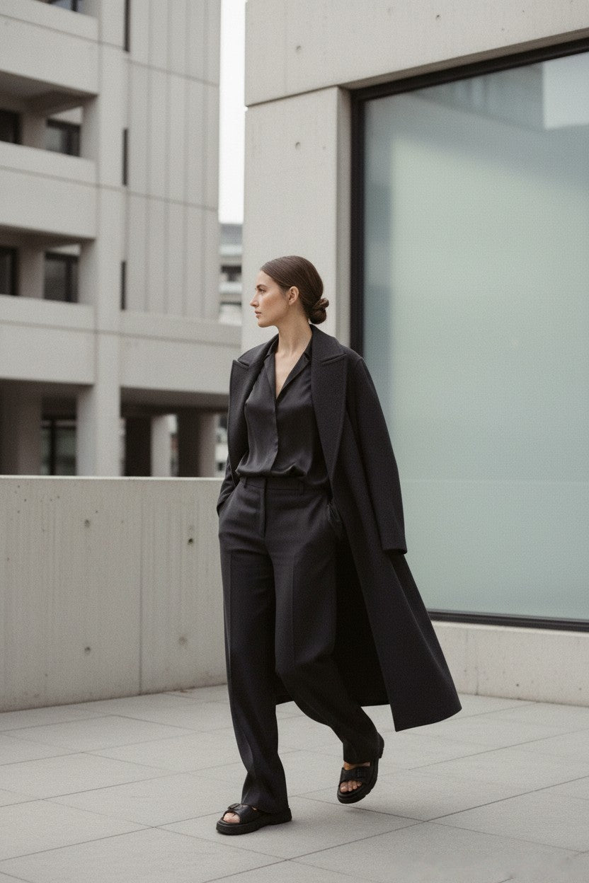 Model wearing an Edaliya longline coat and wide-leg trousers outdoors
