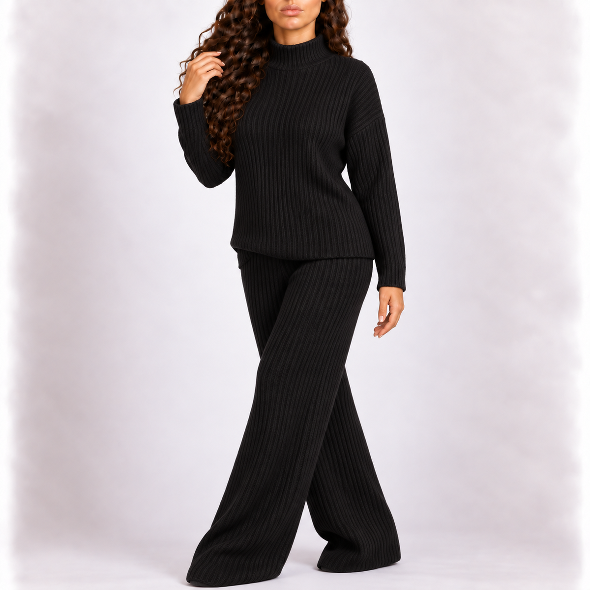 Model wearing the ribbed knit co-ord set in black