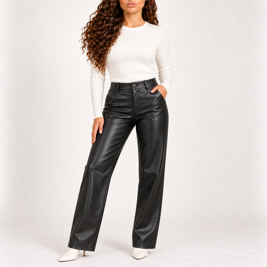 Model wearing the faux-leather straight-leg trousers in black