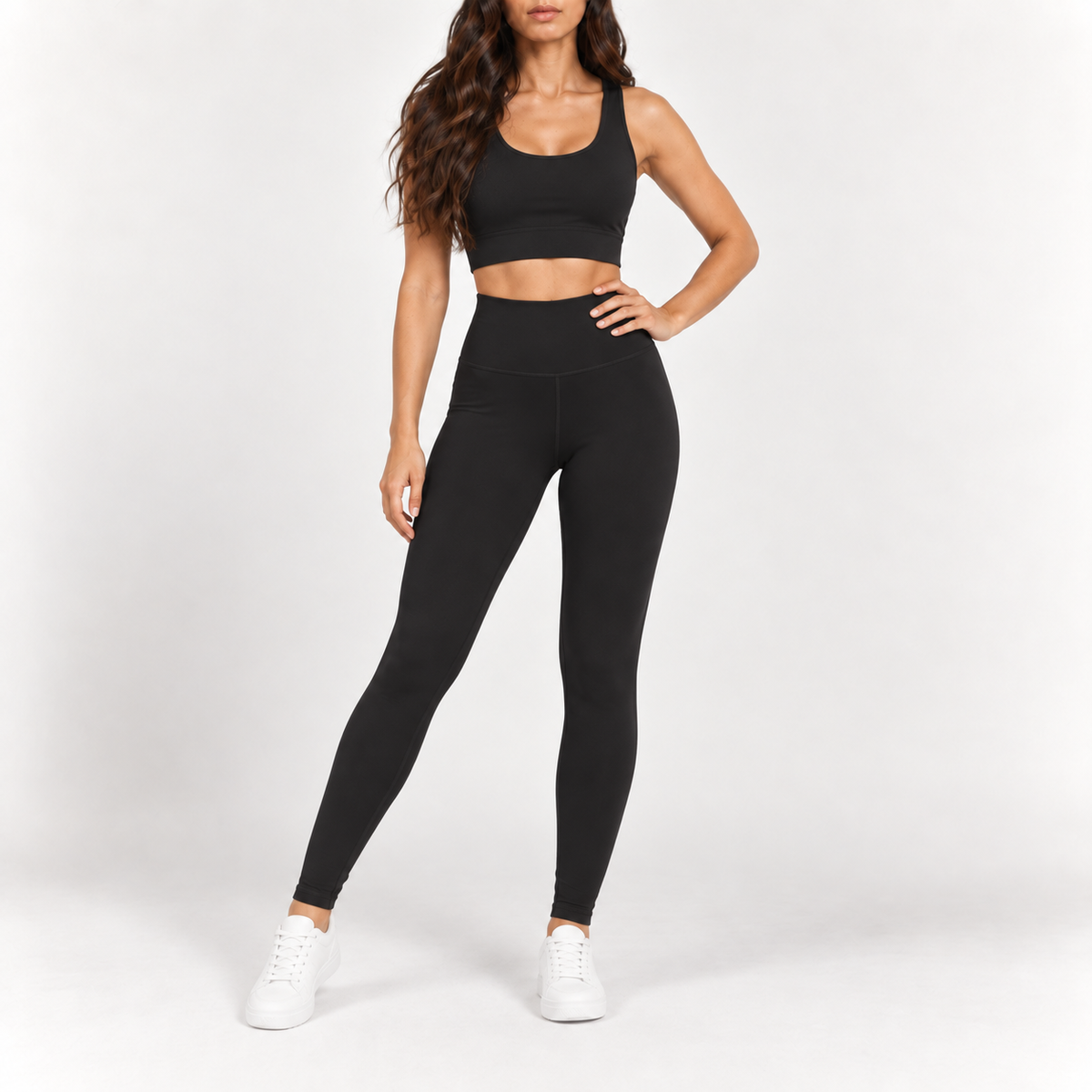 Model wearing the high-waist leggings in black