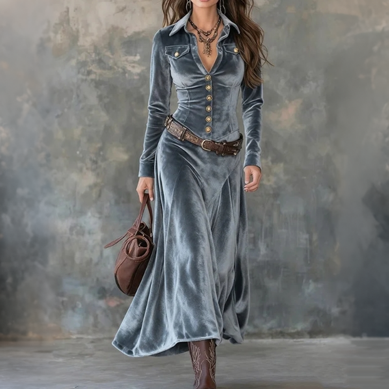 Belted Denim Look Maxi Dress