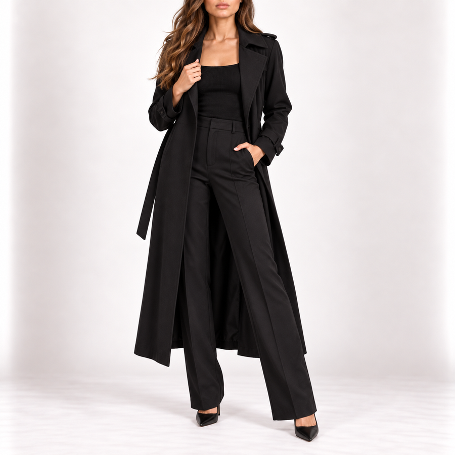 Model wearing the longline trench coat in black