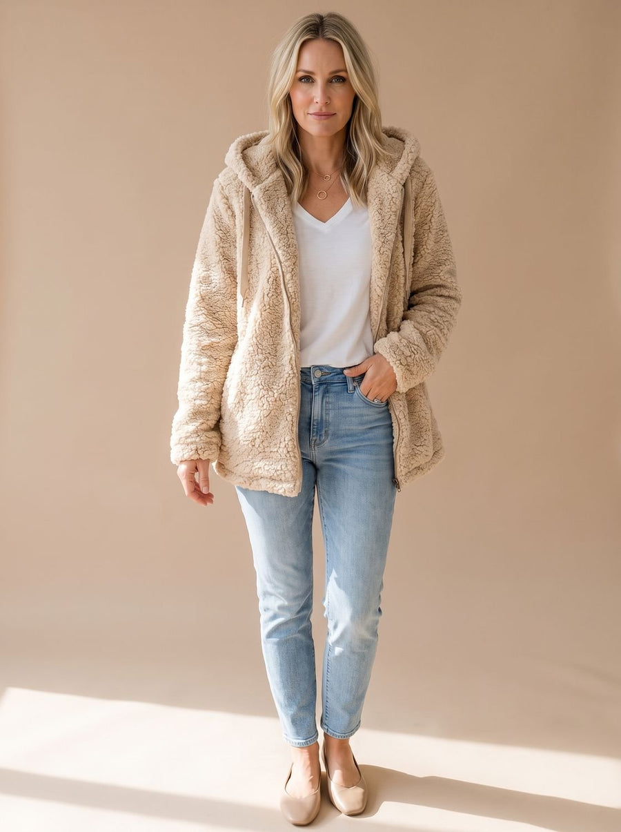 Women's Hooded Oversized Zip-Up Fleece Coat